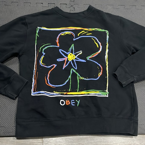 Obey sweater pullover sweatshirt women’s small over sized black crayon flower - Picture 3 of 9